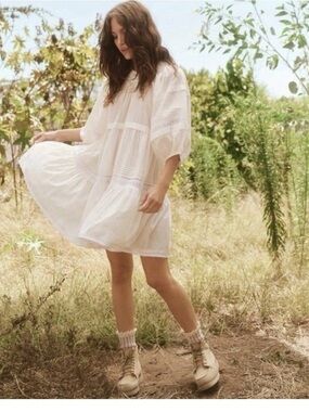 THE GREAT The Short Nightingale Mini White Tiered Lace Dress